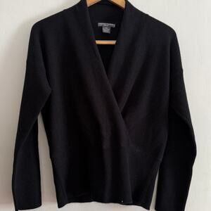 CHELSEA & THEODORE | Black Faux Wrap Cashmere V Neck Sweater | Medium Petite